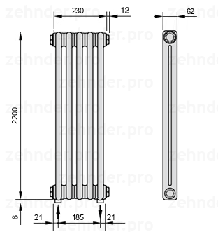 Схема (чертеж) Радиатор Zehnder Charleston 2220/5 №5310 Белый глянцевый RAL 9016